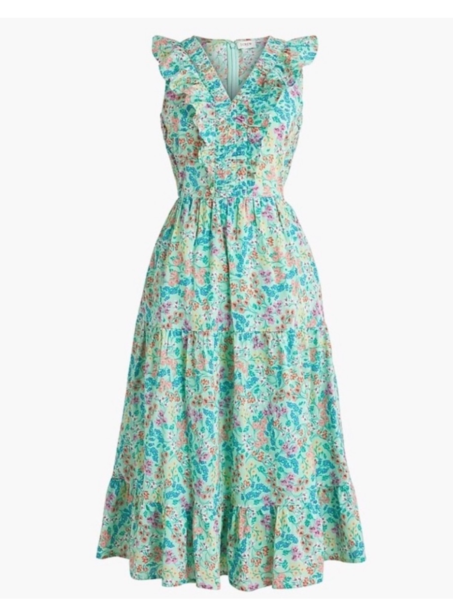 Nwt J. Crew Aqua Floral Ruffle-Trim Maxi Dress Size 12